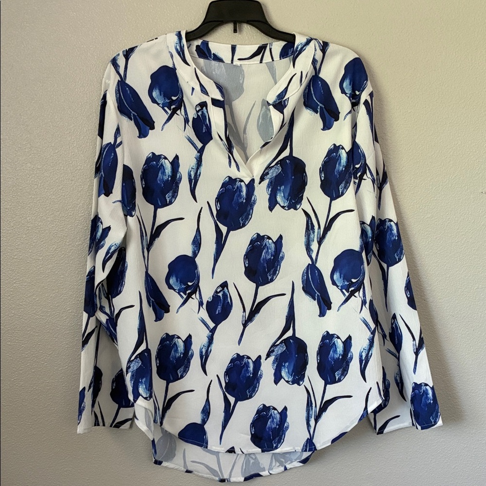 Blue Floral Split-Neck Women's Blouse